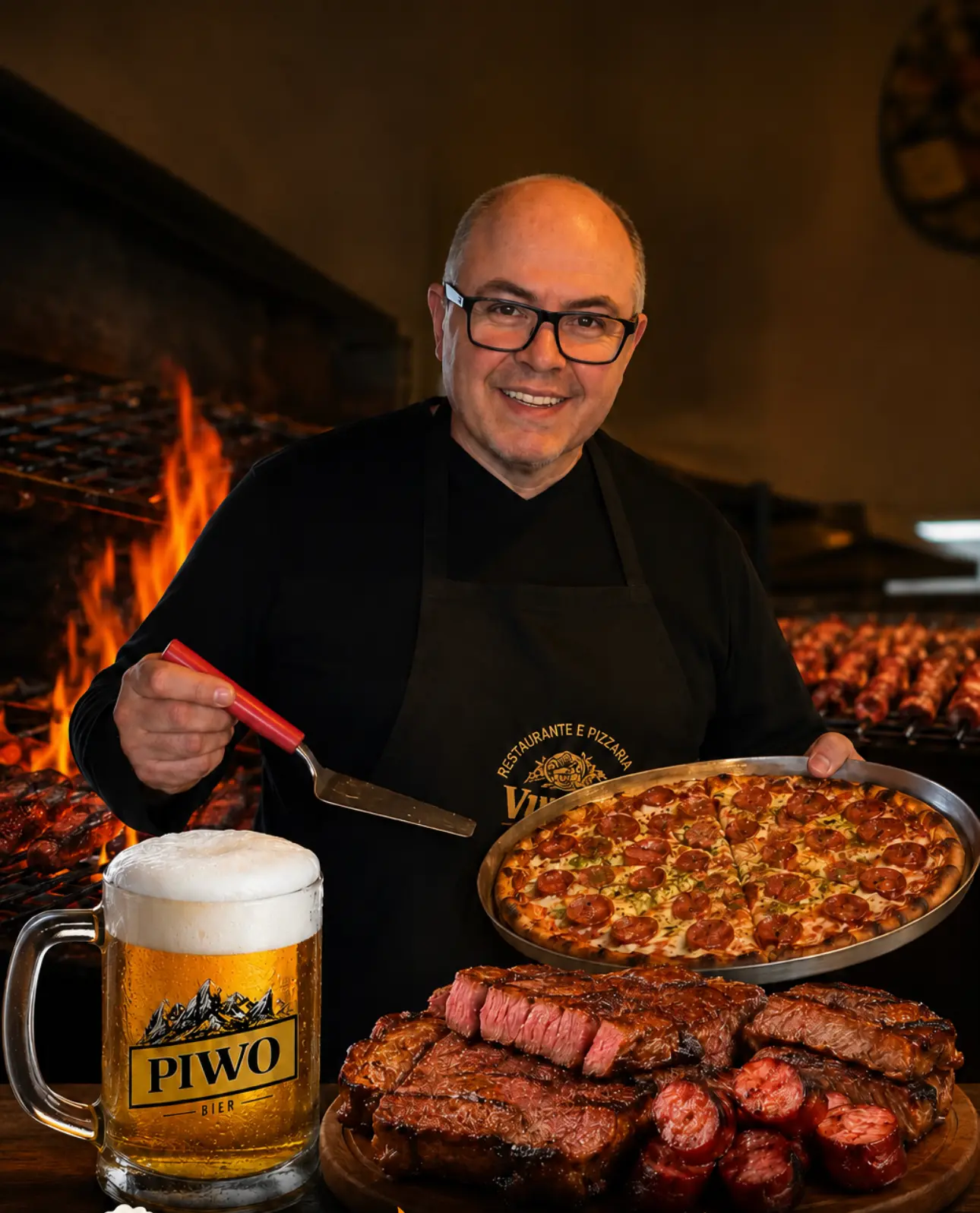 Chef do Villa Maria servindo pizza, carnes na brasa e chope gelado